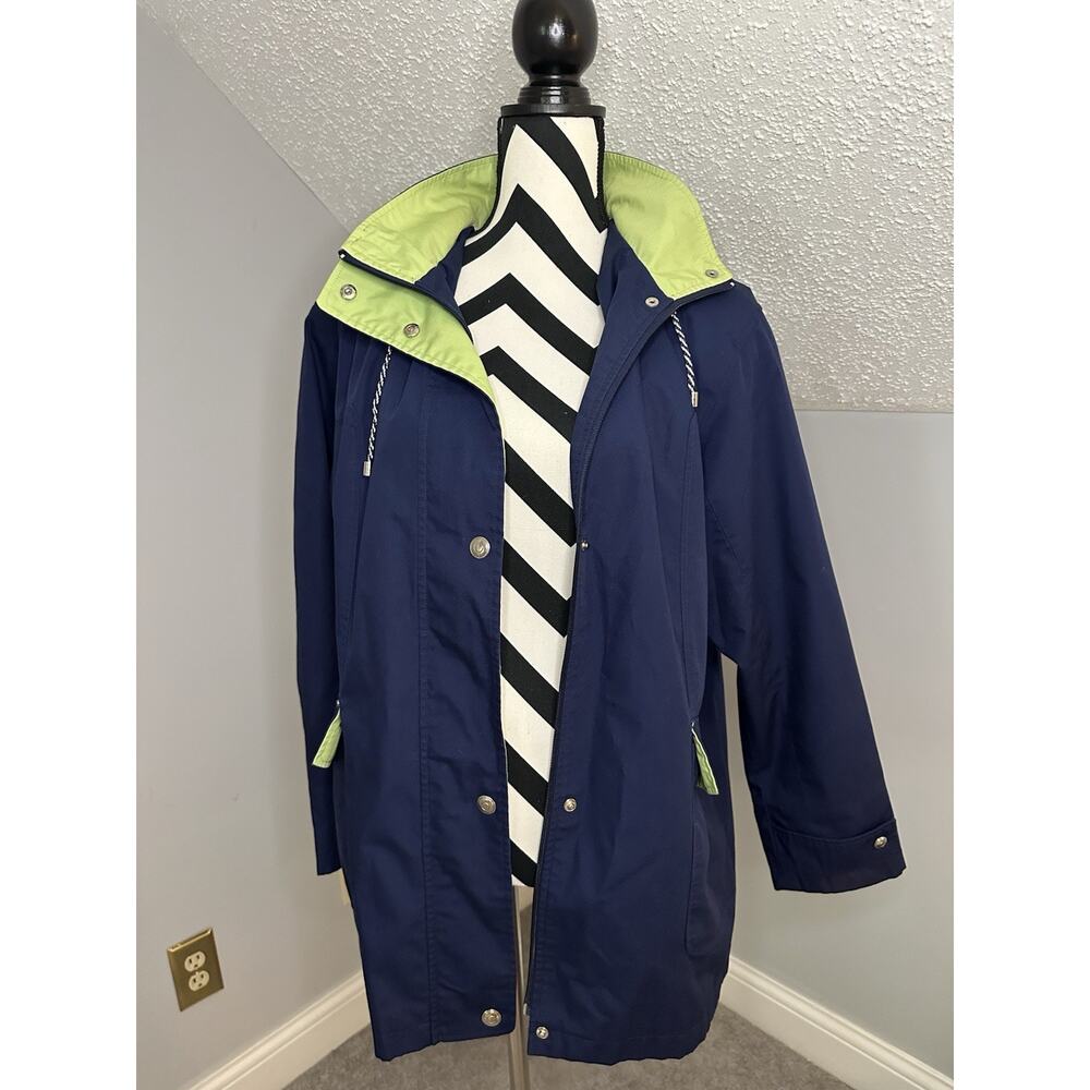 EUC Mackintosh New England Jacket Women's L Navy Green Hooded Raincoat Pockets